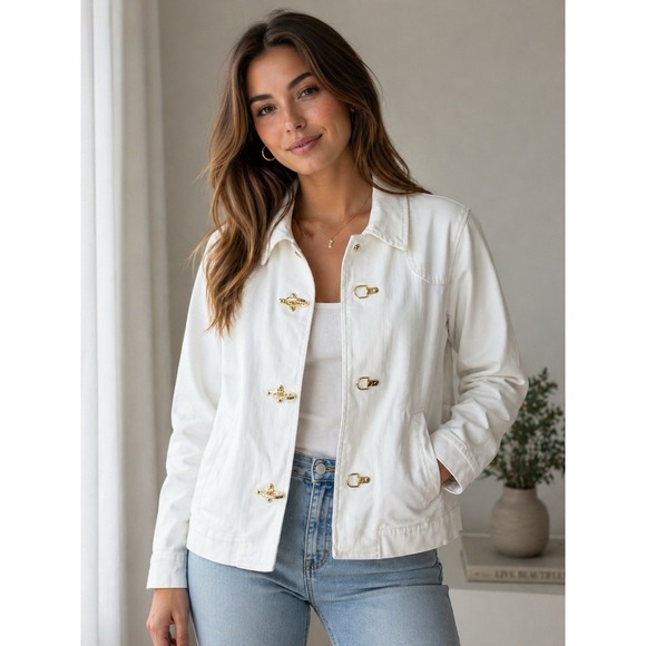 Lauren Jeans Co. Ralph Lauren Jackets & Blazers - Ralph Lauren White Denim Jacket Nautical Utility L Equestrian Gold Buckle Luxury